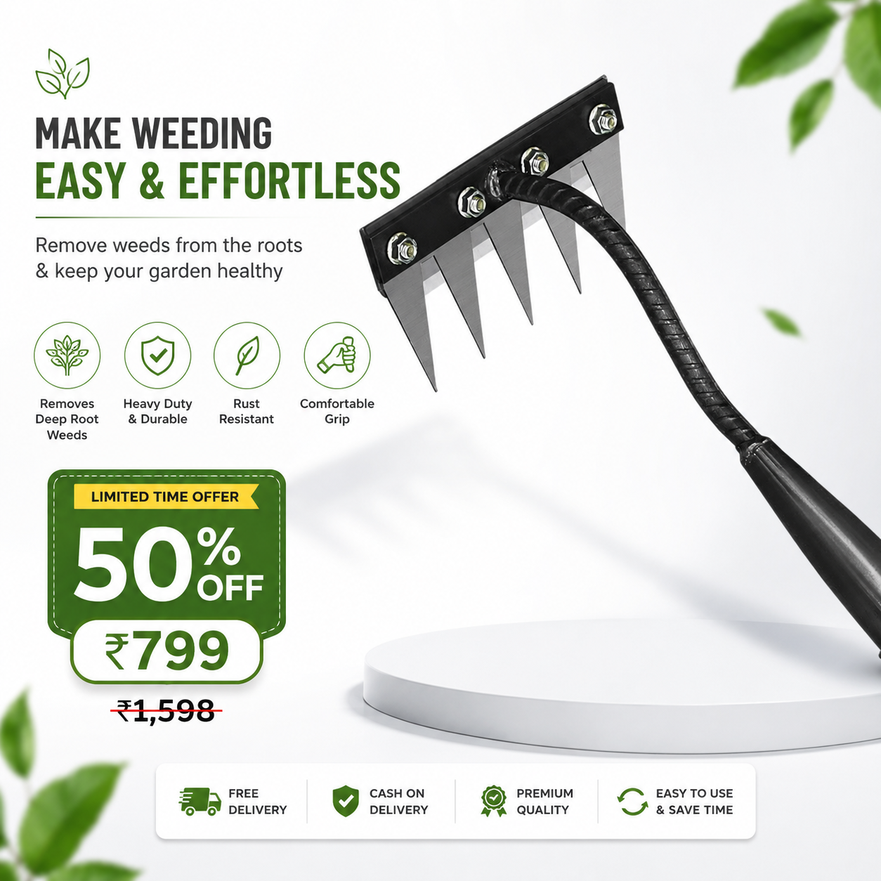5-Teeth Heavy-Duty Garden Weeding Tool | 50% OFF